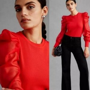 Anthropologie Dolan Organza Puff Sleeve Ribbed Sweater Valentine's Red Sz Med